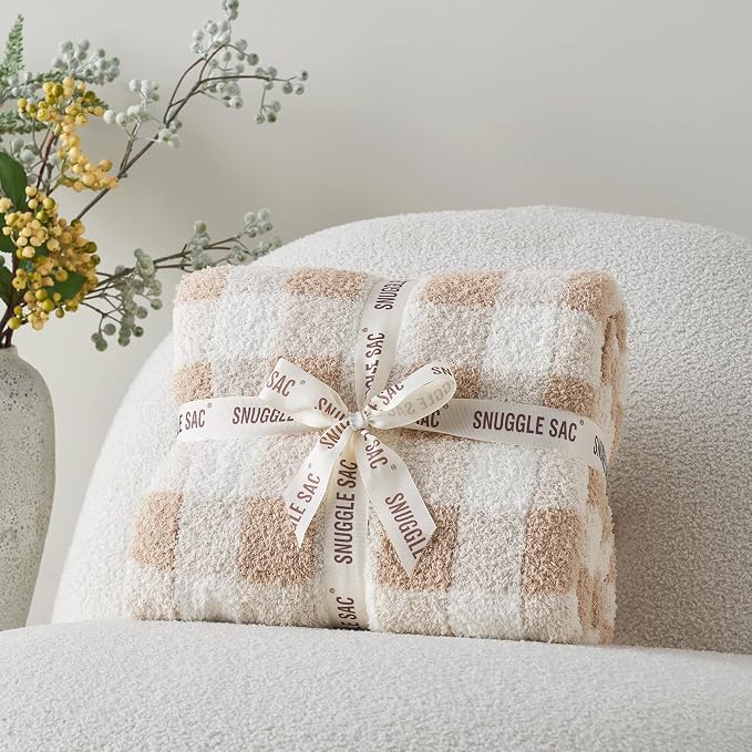 Snuggle Sac Buffalo Plaid Bedding Blanket Twin Size, Super Soft, Cozy Warm Knit Decorative Blankets, Reversible Plaid Fluffy Throws for Bed, Plaid Beige, 60x80 Inches
