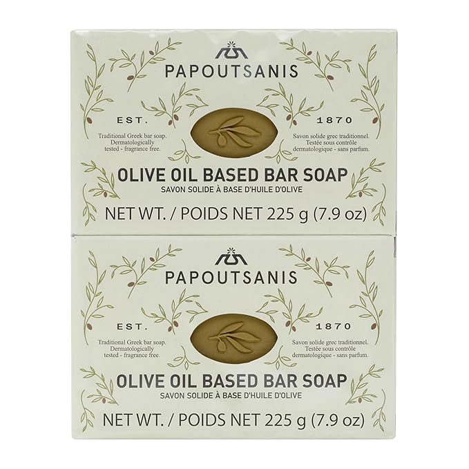 Papoutsanis Greek Olive Oil Based Soap Bar - Natural and Pure Plant-Based Castile Bar Soap - Unscented - Hypoallergenic - (New & Improved Formula infused with Coconut Oil) - 7.9oz Bars, Pack of 4