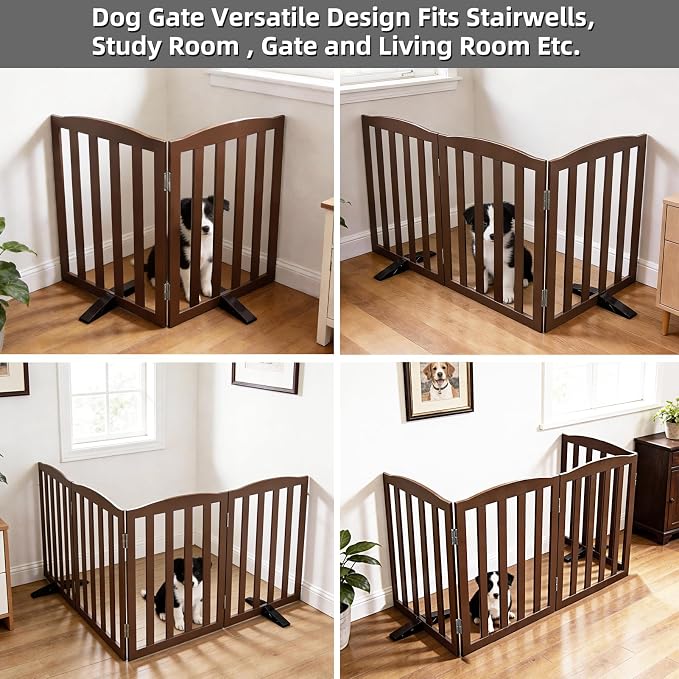 ZJSF Foldable Freestanding Indoor Dog Gate for House Wood Long Pet Gates Dog Fence for Stairs Puppy Gates for Hallways, Puppy Gate,Support Feet Included, Brown, 24 "Height-2 Panels