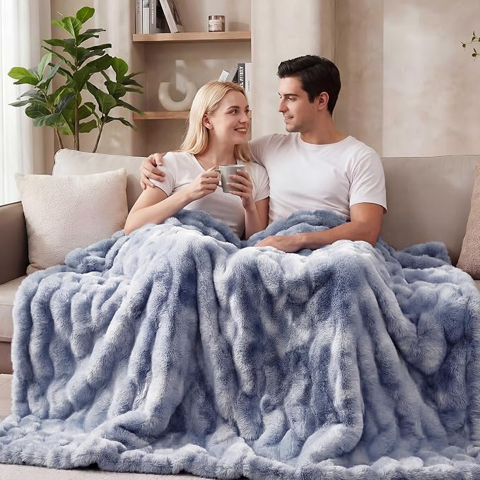 ORINOVA Tie-dye Blue Soft Comfy Throw Blanket for Couch Bedroom Faux Fur 50x60 Fluffy Blanket for Living Room Furry Bed Cozy Home Decor Gifts 860 GSM