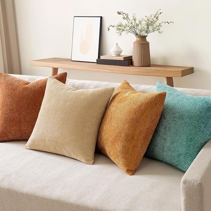 MIULEE Soft Decorative Chenille Fall Pillow Covers Beige Orange Teal 20x20 | Pack of 4，Rustic Home Decor, Retro Vintage Set, Couch Throw Pillows, Farmhouse Boho Cushion Covers for Sofa Bed Living Room