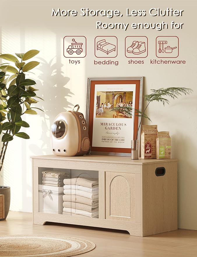 Storage Chest, Wooden Toy Box, Natural 39.4" L | Entryway Shoe Bench, 2 Soft-close Hinges, Finger-safe Flip-Top Lid, Easy Assembly, Farmhouse Large Trunk, Living Room/Bedroom