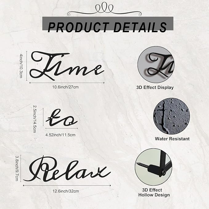Metal Bathroom Wall Decor, 3D Time to Relax Sign for Spa, Black Letter Art | 3D black metal "Time to Relax" letter art, waterproof & rustproof, creates a soothing spa atmosphere in any bathroom