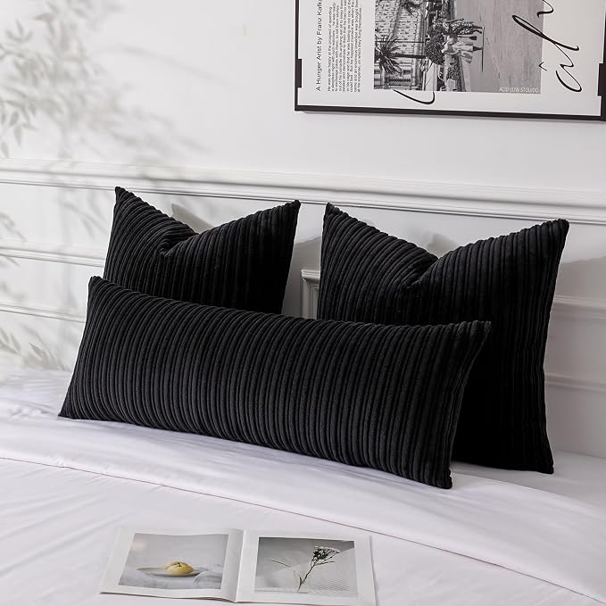 UGASA 14x36 Inch Pillow Cover Pack of 1 Soft Boho Stripe Corduroy Large Long Rectangular Lumbar Cushion Cover Farmhouse Decorative Throw Pillowcase for Bed, Couch, Sofa, Bedroom, Living Room, Black