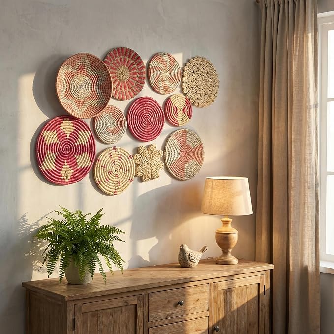 Tatuo 11 Pcs Boho Wall Basket Decor Bulrush Woven Wall Hanging Art Round Farmhouse Rustic Handmade Wicker for Summer Home, Bedroom, Living Room, Kitchen Decorations, Multi Sizes(Pink)