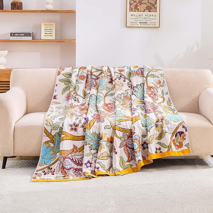 XIBLC Boho Throw Blanket for Bed, 100% Cotton Soft Rustic Quilt Fall Blanket, 80"x90" Floral Printed Farmhouse Decor Bed Blankets, All Season Rustic Reversible Bohemian Throw Quilt