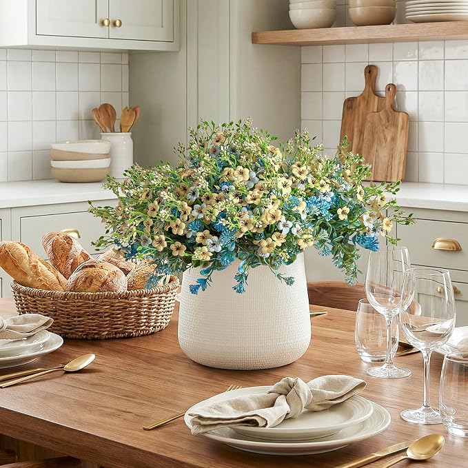 RM ROOMERS Artificial Flowers Plants for Outdoors, Fake Flowers Blue&Yellow | Forget-me-not UV Resistant Faux Flower for Garden Porch Windowbox Front Door Yard No Fade Home Vase Decor(4 Bundles/24 Stems)