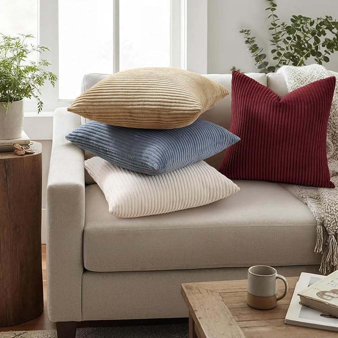 Mecatny Corduroy Decorative Throw Pillow Covers 18x18 Set of 2 Burgundy | Soft Striped Texture, Hidden Zipper Design, Neutral Boho Square Pillow Cases for Sofa Couch Living Room Bedroom, Home Décor