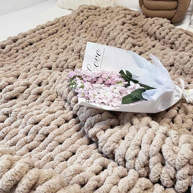 Soft Chunky Knit Throw Blanket for Couch, Cozy Warm Knitted Blankets | Hand Knit with Jumbo Chenille, Lightweight Warm Fluffy Decor for Women, Mom, Her & Girls, Sofa, Chair, Bed, 40"x60" (Tan)