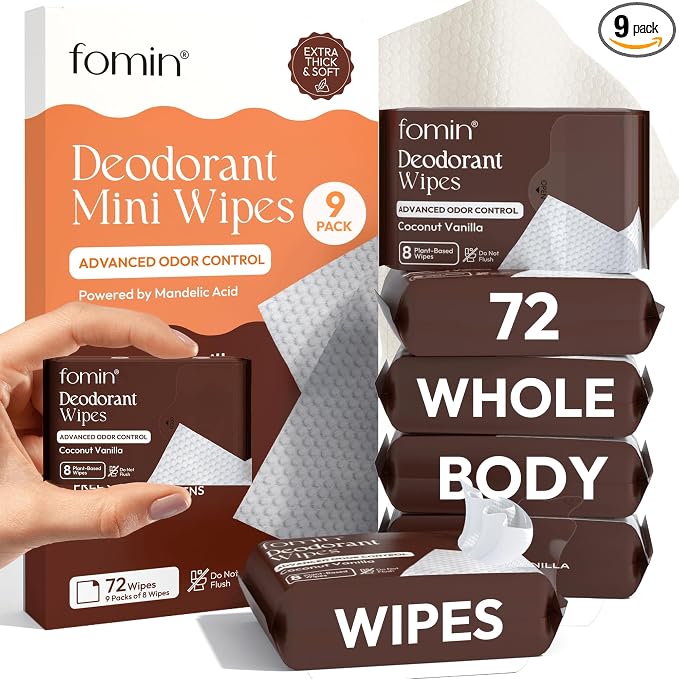 FOMIN Acidified Travel Deodorant Mini Wipes For Women & Men- Coconut Vanilla - 72 Count - pH Balanced, Biodegradeable Mini Deodorant Travel Size Wipes - Plastic-Free, Underarm Body Wipes