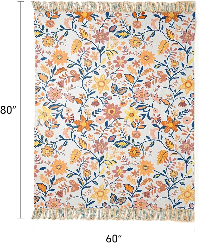 100% Cotton Boho Throw Blanket for Home Decor – Classic Farmhouse Quilt Bedding, Muslin Blankets for Adults, Vintage Woven Decorative Blanket for Couch, Bed Layering Use, Botanic Floral, 60"x80"