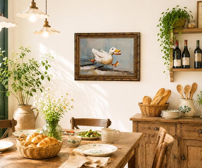 Gold Framed Funny Duck Wall Art Rustic Cottagecore Animal Wall Decor Print | Farmhouse Animal Painting Whimsical Duck Canvas Poster for Kitchen Bathroom Living Room Bedroom, 8x10 Inches
