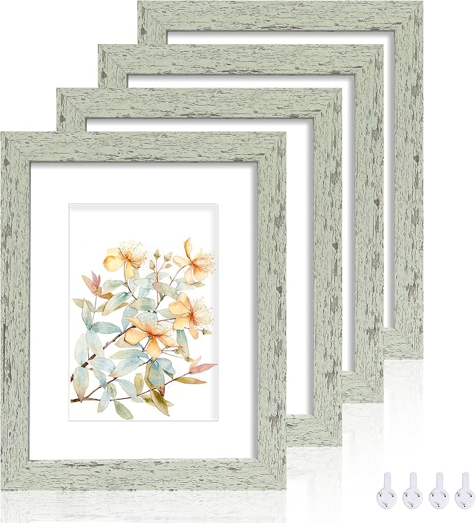 Hongkee 8x10 Picture Frame Set of 4, Made of Real Glass and Sage Green Wooden Frame, 8 by 10 Photo for Wall or Tabletop - Display Picture 5x7 with Mat or 8x10 Without Mat