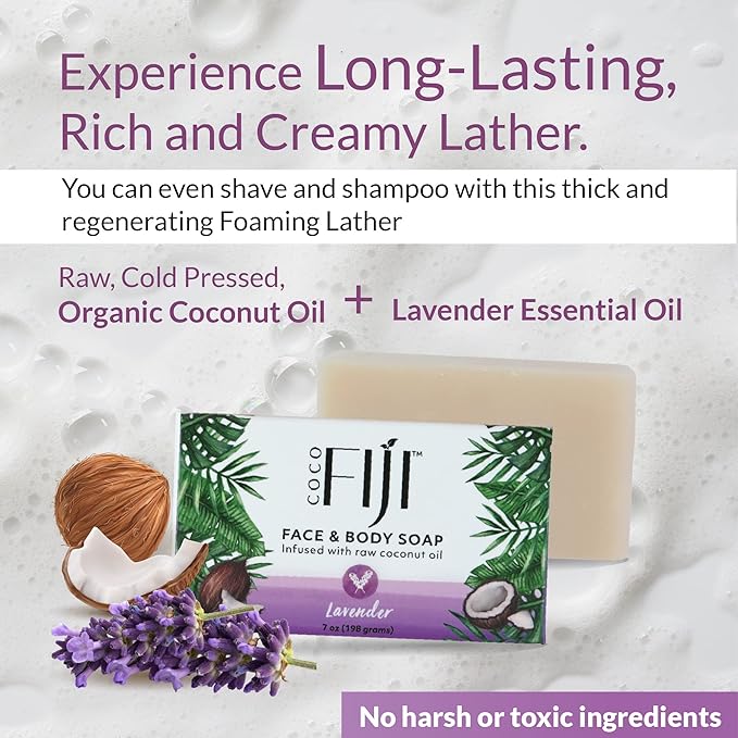 "Coco Fiji Soap Bar for Face and Body Infused With Organic Coconut Oil, Lavender Essential Oil, Natural Soap for Moisturizing & Pore Purifying Skin, 7 oz, Pack Of 3 "