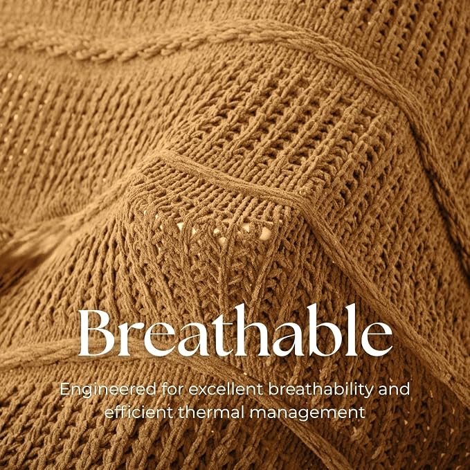 Boho Knitted Chenille Blanket with Tassels - Lightweight & Soft All-Season Throw - 3D Classic Pattern for Living Room Bedroom Couch, Amber Brown, Queen 90"x90"