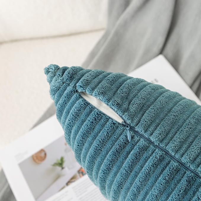 UGASA 14x20 Inch Pillow Cover Pack of 1 Soft Boho Stripe Corduroy Long Rectangle Lumbar Cushion Case Farmhouse Decorative Throw Pilowcase for Bed, Couch, Sofa, Bedroom, Living Room, Blue Grey