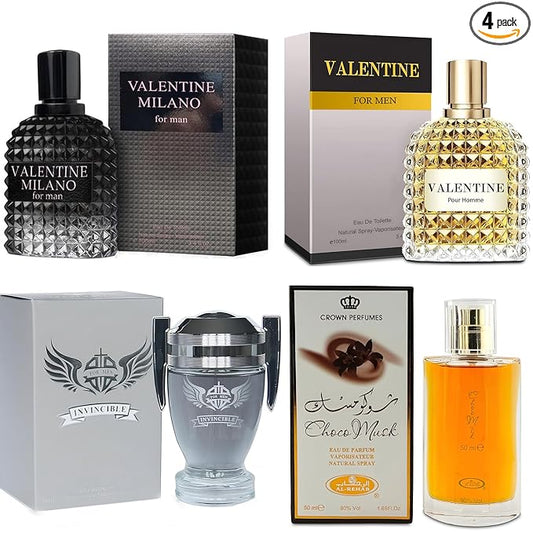 A CENTER Men's Cologne Gift Set Include Valentine Milano,Valentine,Choco Musk & Invincible - 3.4 Fl Oz Each | Vanilla Bourbon, Leather & Amber Floral Fragrance | Luxury Eau de Toilette