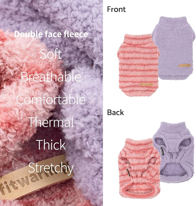 Fitwarm 2 Pack Striped Fleece Dog Sweater, Warm Winter Clothes for Small Dogs Boy Girl, Fuzzy Pet Outfit, Pink, Lavender Purple, Small