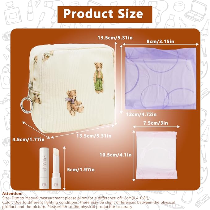 Period Bag for Girls, Corduroy Sanitary Napkin Storage Bag, Period Pouch & Tampon Holder, Feminine Care Organizer（Cute Bear）