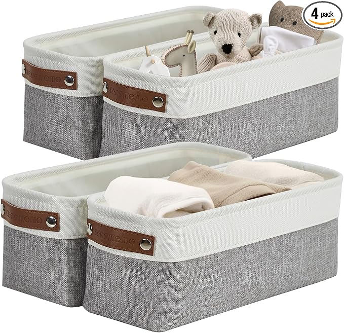 DECOMOMO Narrow Storage Bins, Small Storage Baskets for Shelves 4 Pack | Baskets for Organizing Bathroom, Toilet Tank, Gifts (Grey and White)