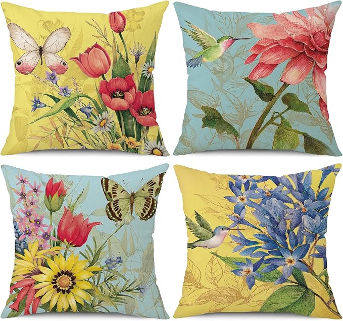 wyooxoo Spring Summer Pillow Covers 16x16 Set of 4 Decorative Throw Pillow Covers Linen Flower Butterfly Farmhouse Pillowcases for Sofa Couch Living Room Outdoor