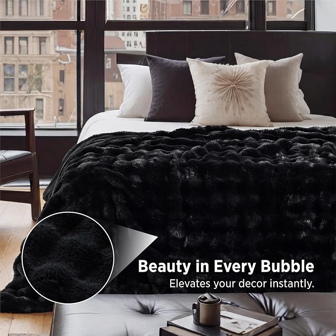 Bedsure GentleSoft Bubble Faux Fur King Size Blanket for Bed, Fluffy Fuzzy King Blanket for Winter, Soft Cozy Faux Fur Bedding Thick Warm Plush Decor for Bedroom, Black, 104x90