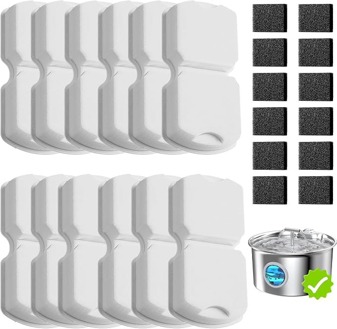Cat Water Fountain Filter Replacement: 12 PCS Carbon & Sponges | Compatible with UMOCUOY/GIOTOHUN/HOOISE/ATMZIQXR/IHOUONE 74oz/88oz/108oz Stainless Steel Cat Fountains