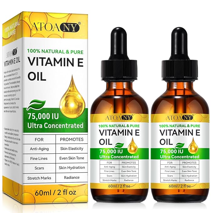 Vitamin E Oil for Skin Face Body Hair 2Pcs, 100% Natural Pure Vitamin E Oil for Scars Winkles Dry Skin Blend 75,000 IU, Body Bath Moisturizing Stretch Marks 2Fl Oz