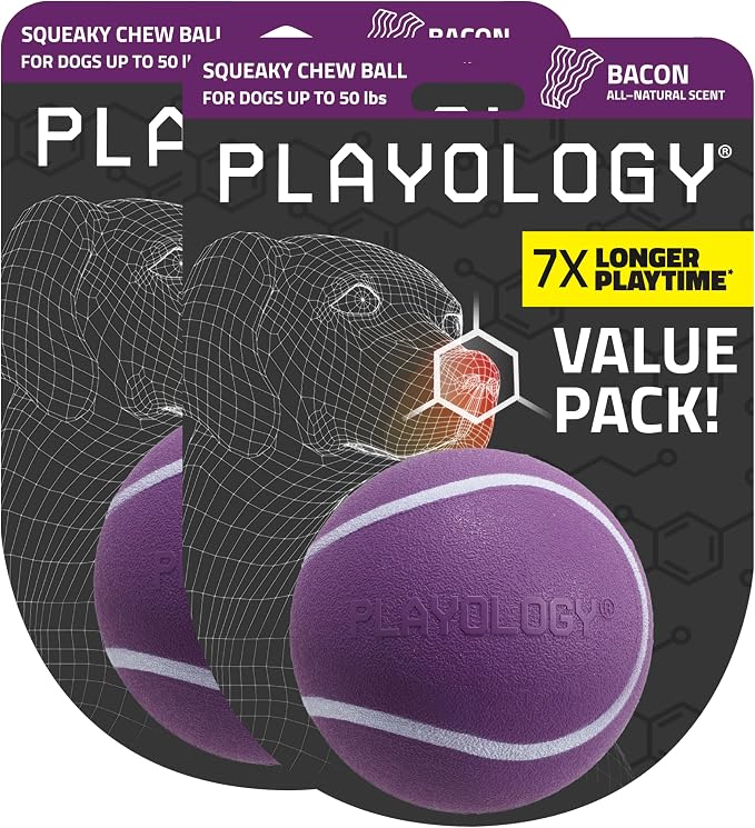 Playology Squeaky Chew Ball Dog Toy - Medium, Bacon Scent, 2-Pack
