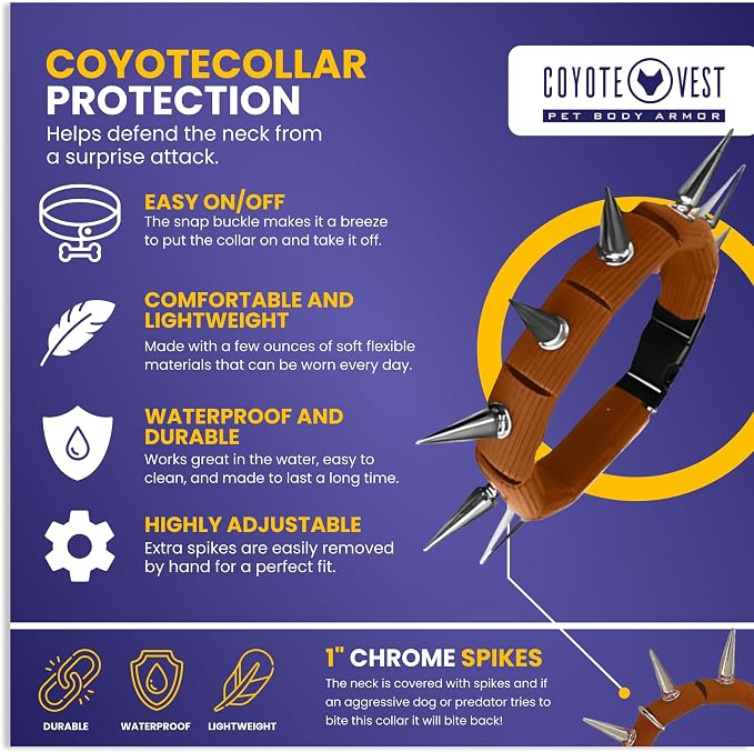 CoyoteCollar Spike Dog Collar, Adj/Replaceable Spikes, Small, Brown