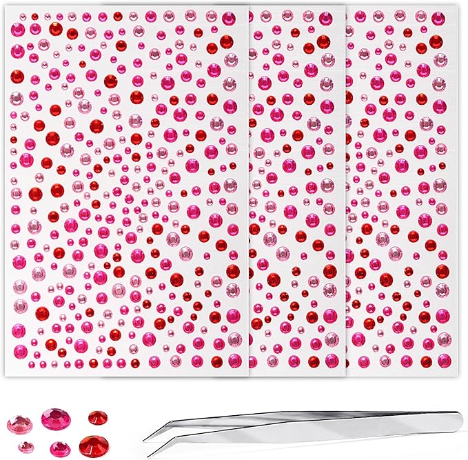 Face Gems Pearls for Makeup Rhinestone Stickers for Crafts Stick on Body Clear Crystal Tweezers Decals 3/4/5/6MM Hair Nails Craft DIY Gems for Nails Makeup Decor 975PCS (Red Pink)