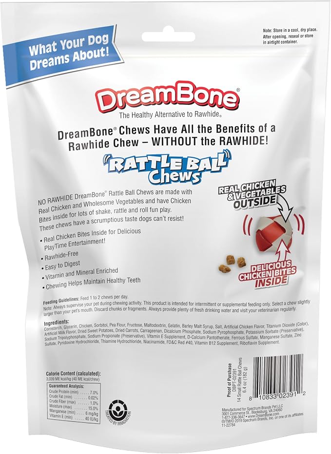 DreamBone RattleBall Chew Rawhide-Free Dog Treats, Real Protein, 14 Count | Daily Chew, Digests Safely and Completely, Made With Real Chicken and Veggies, For Adult Dogs