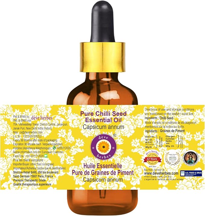 dève herbes Chilli Seed Essential Oil (Capsicum annum) with Glass Dropper | Pure | Non-Sticky | Non-Greasy | Lightweight | Men & Women | All Skin Types | Steam Distilled 50ml (1.69 oz)