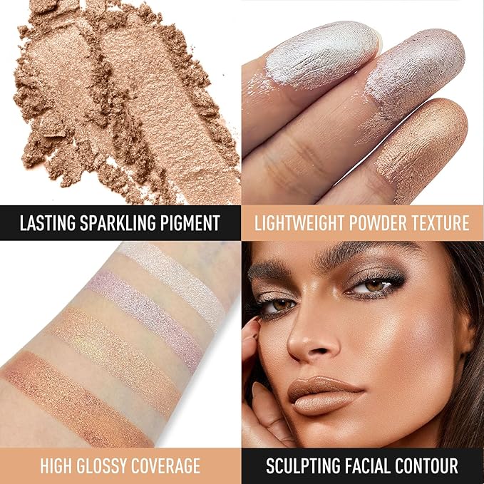 Highlighter Makeup Palette Shimmer Face Body Illuminator Glitter Highlighter Makeup Kit Long Lasting Highly Pigmented Highlighters Makeup Palette #4 Rose Champagne
