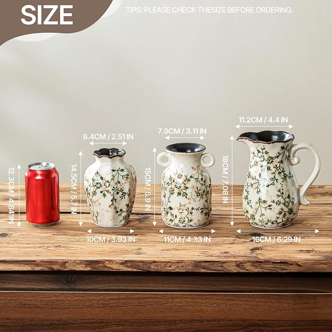 Ceramic Flower Vase Set for Home Decor, Vintage Green Vase (6+6+7 Inch) | Rustic Farmhouse Floral Vase for Kitchen, Bookshelf, Living Room, Coffee Table, Mantel, Entryway, Wedding Centerpiece