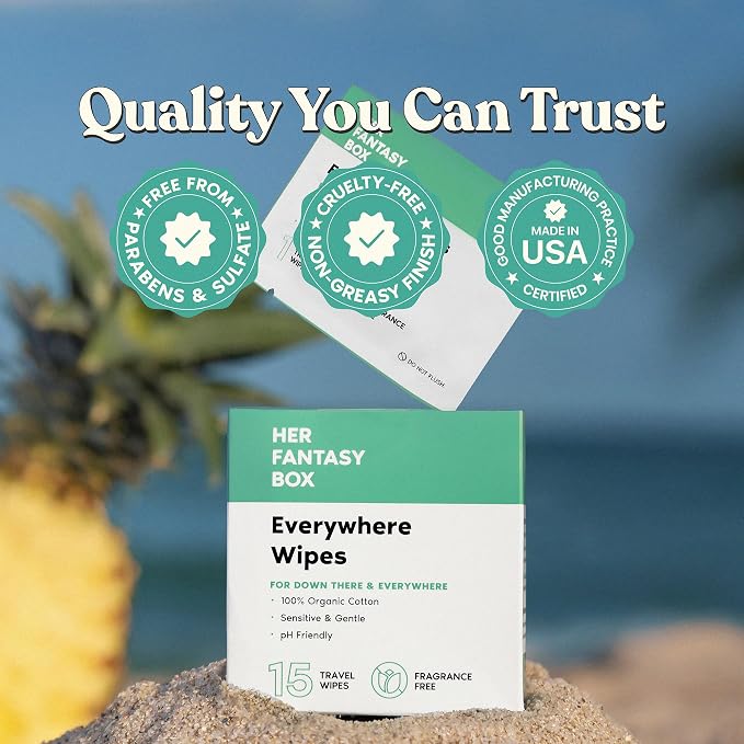 Her Fantasy Box | Everywhere Wipes – 100% Organic Cotton, Gentle & Refreshing, pH-Balanced, Fragrance-Free, Plant-Powered for Body, Face & Intimate Areas, Ideal for Sensitive Skin - 8 Pack, 120 Wipes
