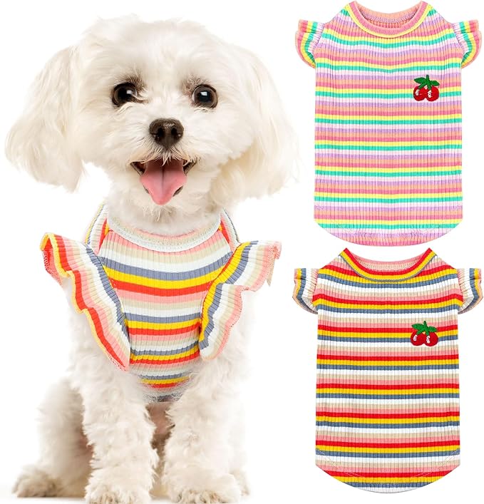 2 Pack Cute Striped Small Dog Shirts, Soft Cotton Girl Dog Clothes Breathable Ruffled Puppy Vest Spring Summer Pet Outfits for Chihuahua Yorkie Maltese and Cats（Pink+Orange,XX-Large）
