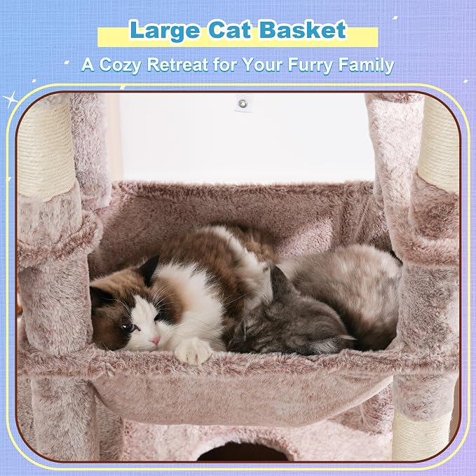 Hey-brother Cat Tree Tower with Extra Large Platform and Basket, MPJ080MU- | 71.7 Inches Scratching Posts with Specious Condo, 2 Cozy Hammocks, Scratch Board for Indoor Adult Cats, Maine Coon Muchroom