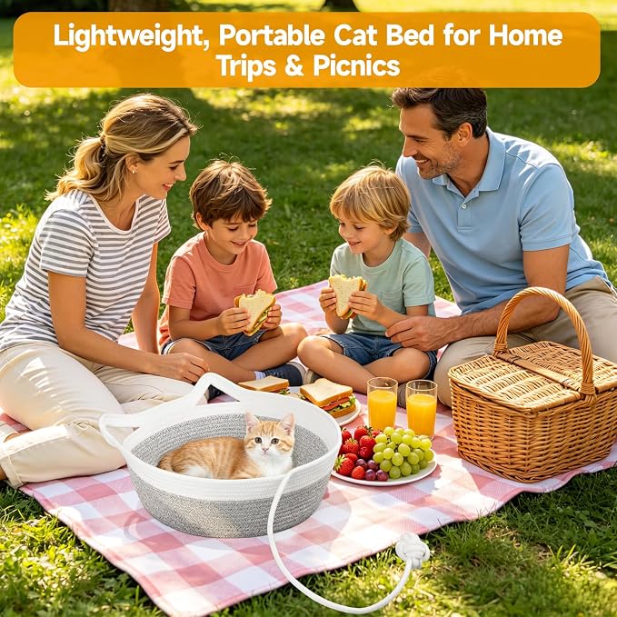 Cotton Rope Woven Cat Bed, Instinct Pet Basket with a Play Ball, Large | Foldable Cat Scratcher Basket for Indoor Cats, Puppies, Rabbits and Small Pets, White & Light Gray