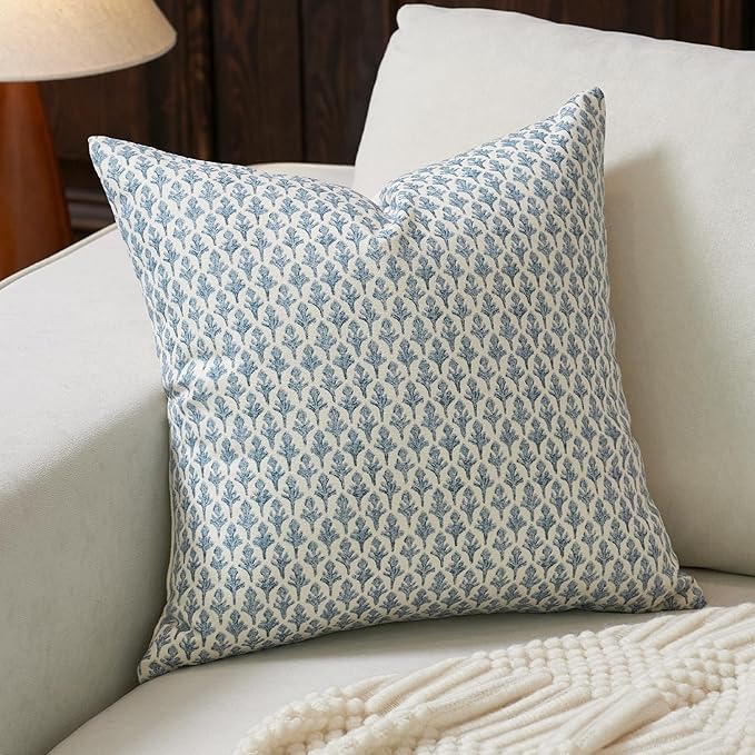 FIOUOVO Floral Pillow Covers 18x18 Pillow Cover Block Print Couch Pillows for Living Room Decorative Neutral Accent Throw Pillow Covers, 1PC, Aqua Blue