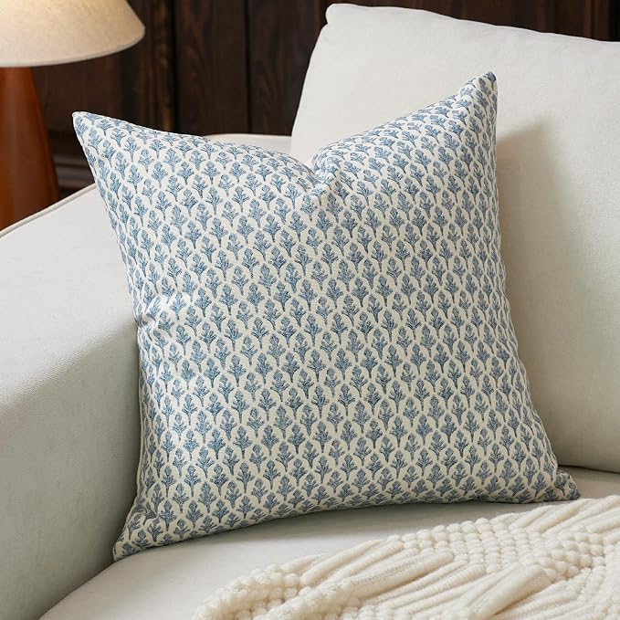 FIOUOVO Floral Pillow Covers 24x24 Pillow Cover Block Print Couch Pillows for Living Room Decorative Neutral Accent Throw Pillow Covers, 1PC, Aqua Blue