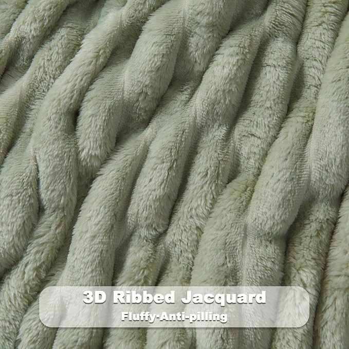 NEWCOSPLAY Fleece Ribbed Cozy Twin Blanket for Couch, Sage Green, 60"x80" | Premium Silky Flannel Blanket, Soft Lightweight Fluffy Throw Blanket for Bed Sofa Decor, Gift for All Season Use