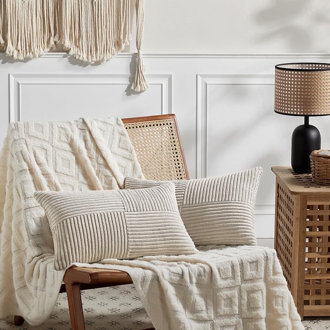 Fancy Homi Neutral Taupe Lumbar Decorative Throw Pillow Covers 20x28 Inch for Living Room Couch Bed Sofa, Farmhouse Home Decor, Soft Striped Corduroy Rectangle Accent Cushion Case 50x70 cm
