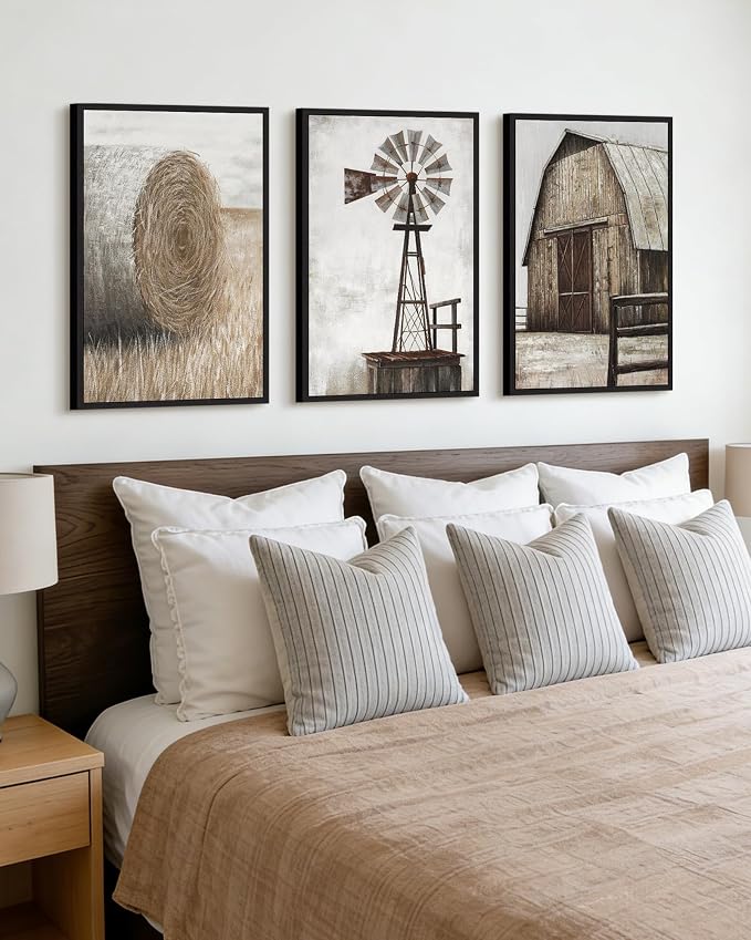 Drsoum Farmhouse Wall Art Vintage Rustic Windmill Barn Cornfield Pictures Framed Painting Landscape Countryside Rural Canvas Artwork Home Decor Ready to Hang 16x24in - Black Framed