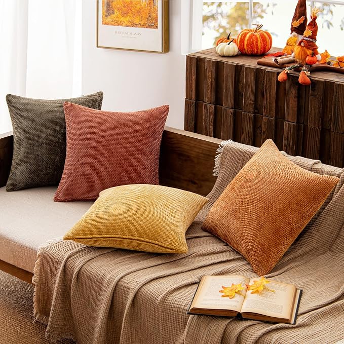 MIULEE Decorative Chenille Fall Pillow Covers Orange Brown 20x20 Pack of 4 | Rustic Decor, Autumn Harvest Orange Collection, Couch Throw Pillows, Farmhouse Boho Cushion Covers for Sofa Bed Living Room