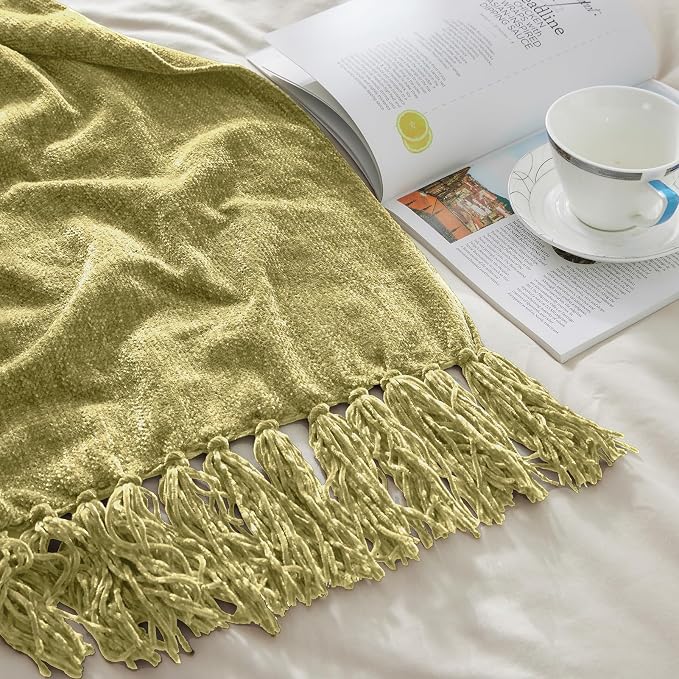 CozeCube Chenille Throw Blanket, Sage Green Fringe Blanket, 50"X60" | For Couch, Cozy Plush Fuzzy Decorative Blanket with Fringe Tassels, Lightweight Throws for Bed Sofa Gift Home Decor