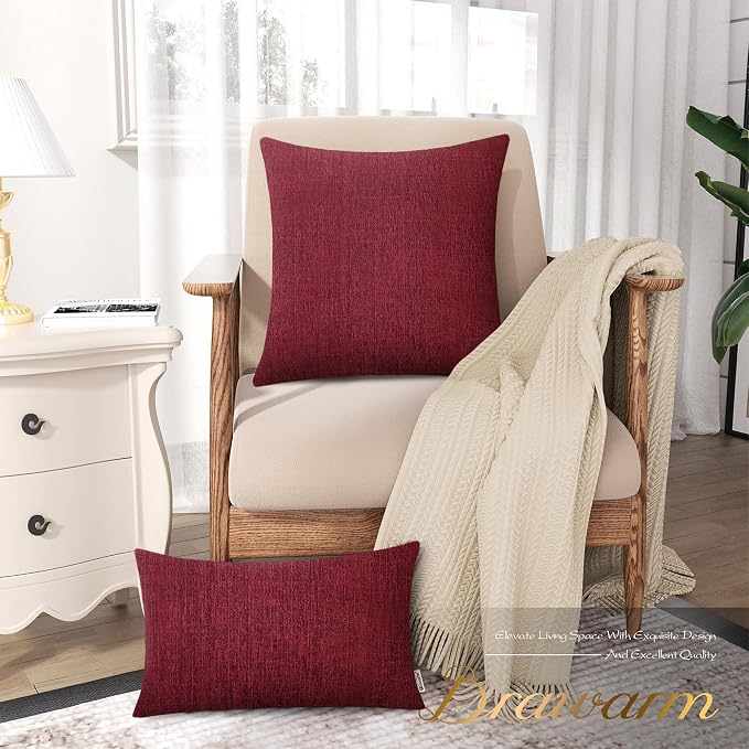 BRAWARM Throw Pillow Covers 22x22 Inches - Burgundy Chenille Pillow Covers Pack of 2, Solid Dyed Soft Chenille Pillow Cases for Couch Sofa Bed Home Decoration