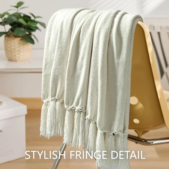 Chenille Throw Blanket for Couch 60" x 80" Twin, Ivory White | Soft Cozy Warm Throws with Fringe Tassel, for Living Room Bed Sofa Chair Cover, Lightweight Knitted Decorative Boho Blankets