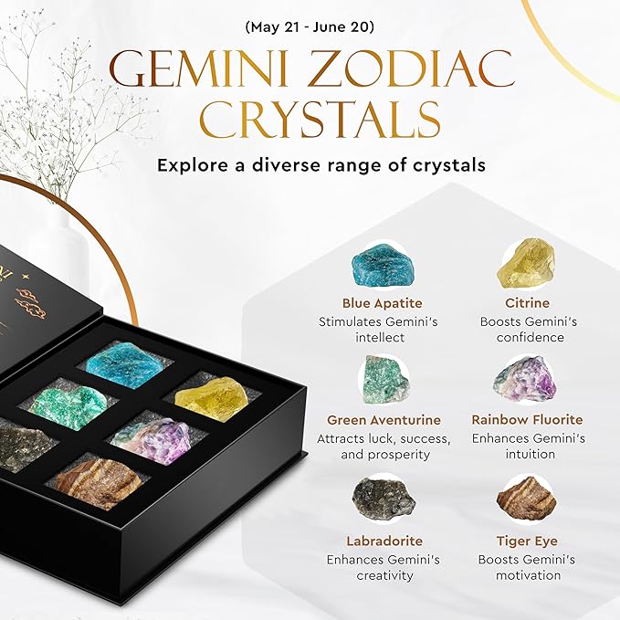 Wyspell Gemini Crystal Set - 6 Raw Gemini Crystals and Healing Stones - Gemini Zodiac Gifts for Women - Birthday Gifts for Women - Astrology Gifts for Women - Zodiac Crystal Set