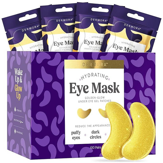DERMORA Golden Glow Under Eye Patches (100 Pairs Eye Gels) | Rejuvenating Treatment | Dark Circles, Puffy Eyes, Refreshing, Revitalizing, Travel, Wrinkles